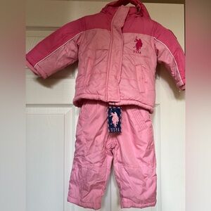NWT US POLO ASSOC Infant Snowsuit & Bubble Ski Jacket in Dk/Lt Pink & White 12Mo